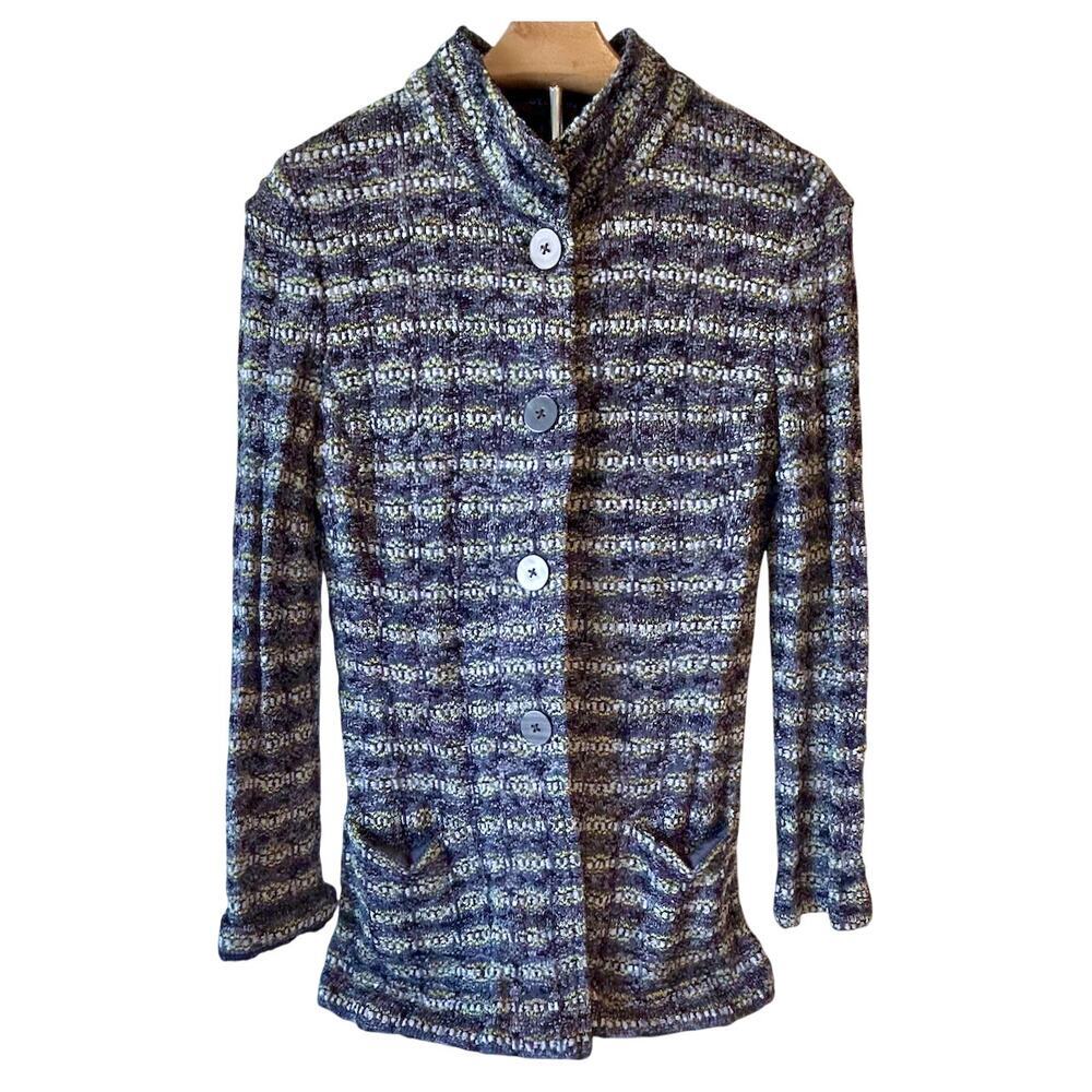 ST. JOHN Black Grey Silver Yellow Green Metallic Buttons Blazer Jacket 2 USA